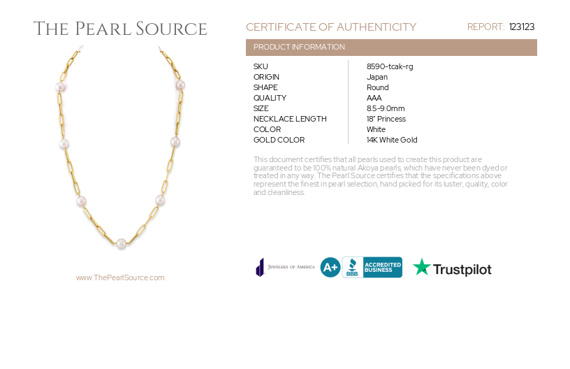 14K Gold Japanese Akoya Pearl & Chain Link Necklace-Certificate