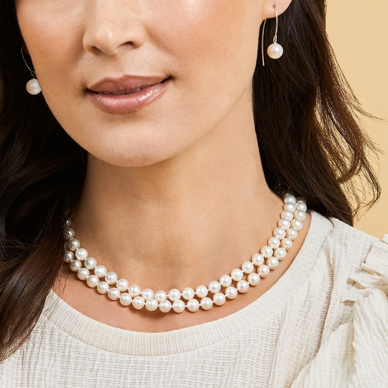 7.0-7.5mm White Freshwater Cultured Pearl Double Strand Necklace with 14K Gold Clasp - Model Image