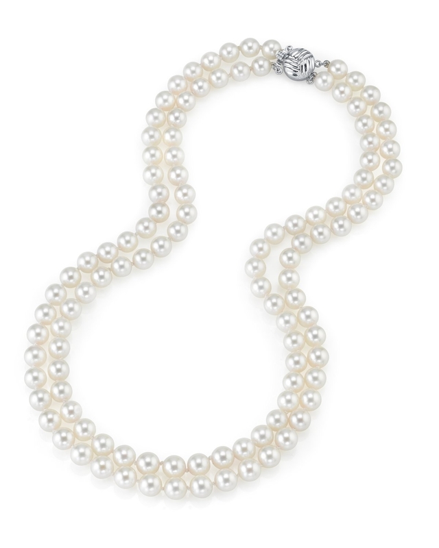 7.0-7.5mm White Freshwater Cultured Pearl Double Strand Necklace with 14K Gold Clasp