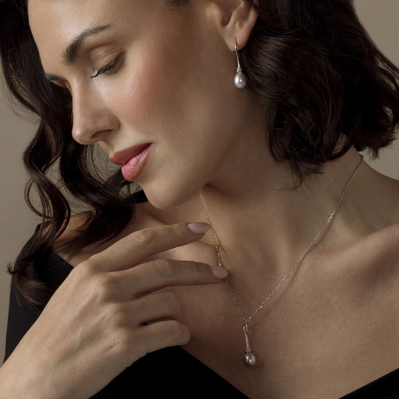 Pink Freshwater Drop Pearl Denise Pendant and Earring Set - Model Image