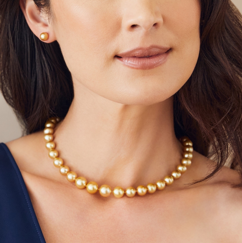 11-13mm Golden South Sea Pearl Necklace - GIA Certified - Model Image