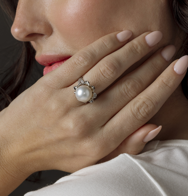 South Sea Pearl & Diamond Robin Ring - Model Image