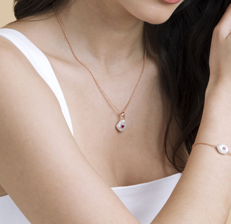 White Freshwater Baroque Pearl Tincup Nava Pendant - Model Image