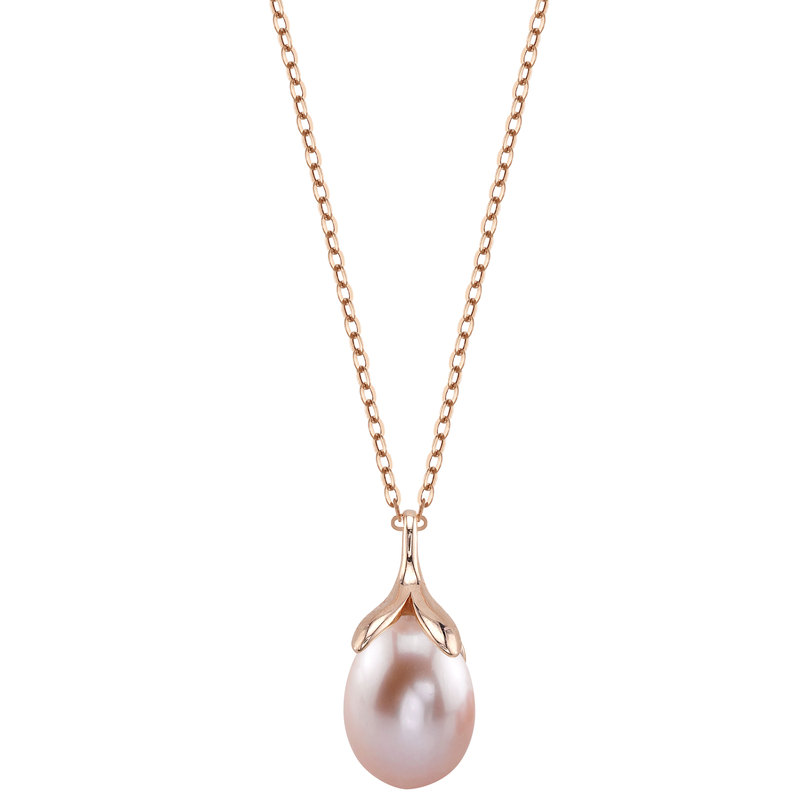 10-11mm Pink Freshwater Pearl Rose Gold Plated Olive Drop Pendant