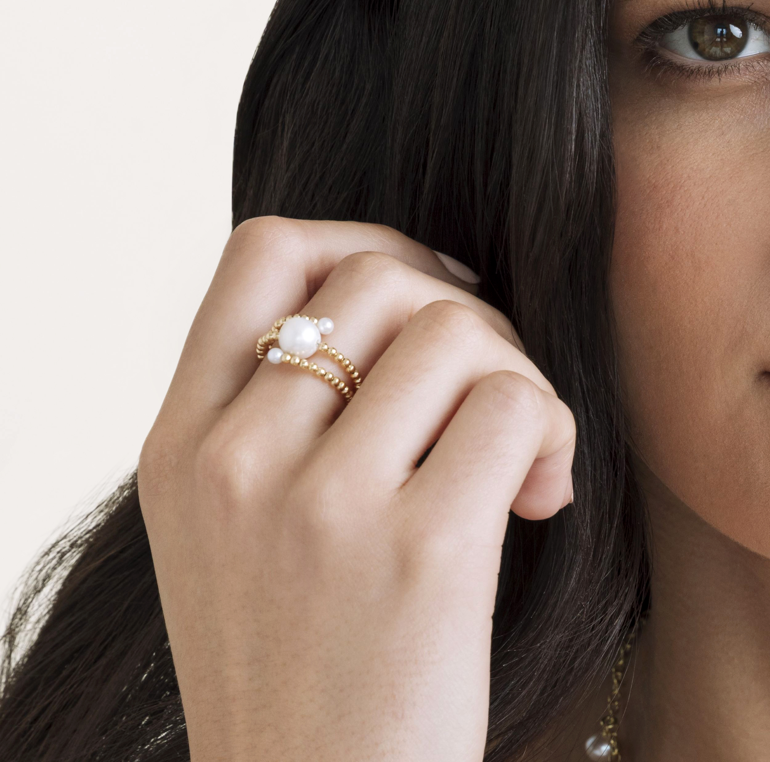 18K Gold White Freshwater Pearl Beaded Shay Ring