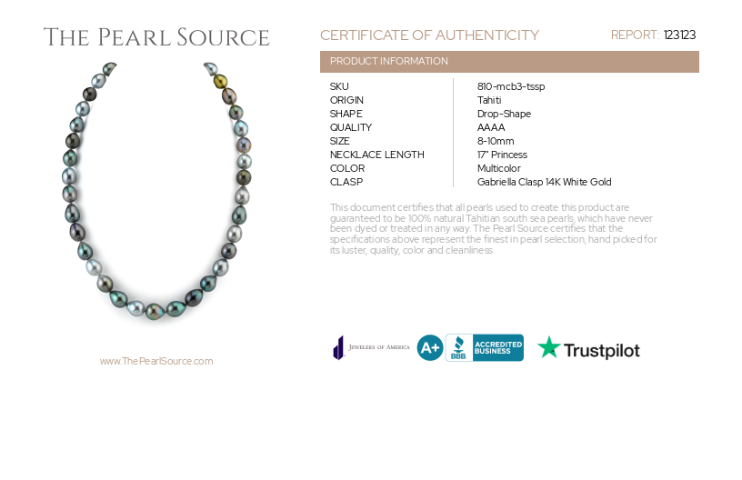 8-10mm Tahitian South Sea Multicolor Drop Pearl Necklace - AAAA Quality-Certificate