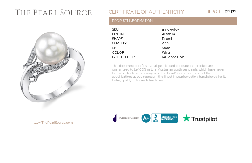 South Sea Pearl & Diamond Willow Ring-Certificate