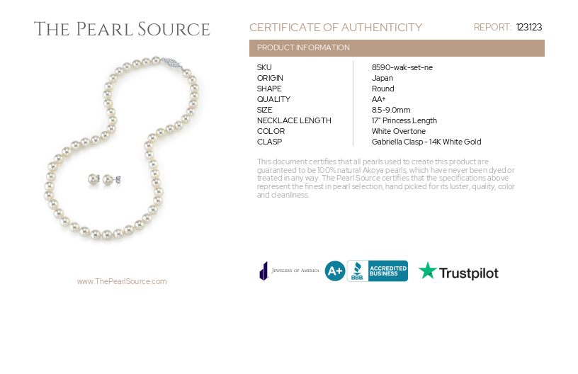 8.5-9.0mm Japanese White Akoya Pearl Necklace & Earrings-Certificate