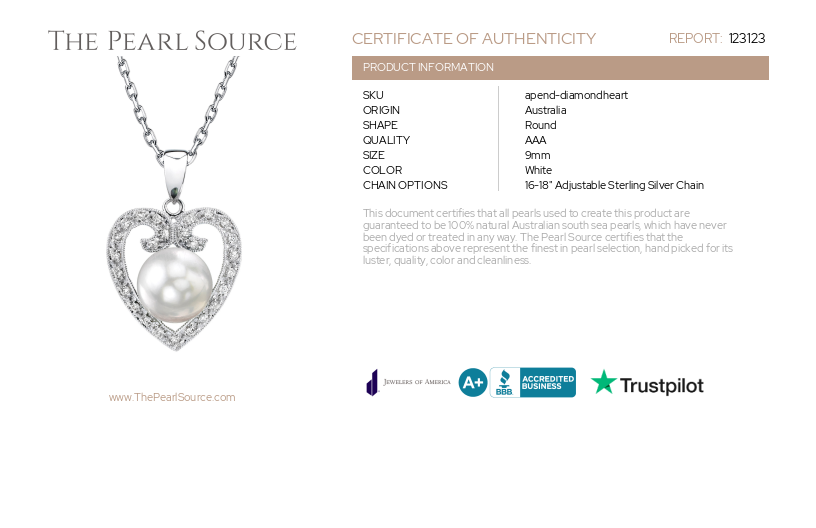 South Sea Pearl & Diamond 9mm Heart Shaped Pendant-Certificate