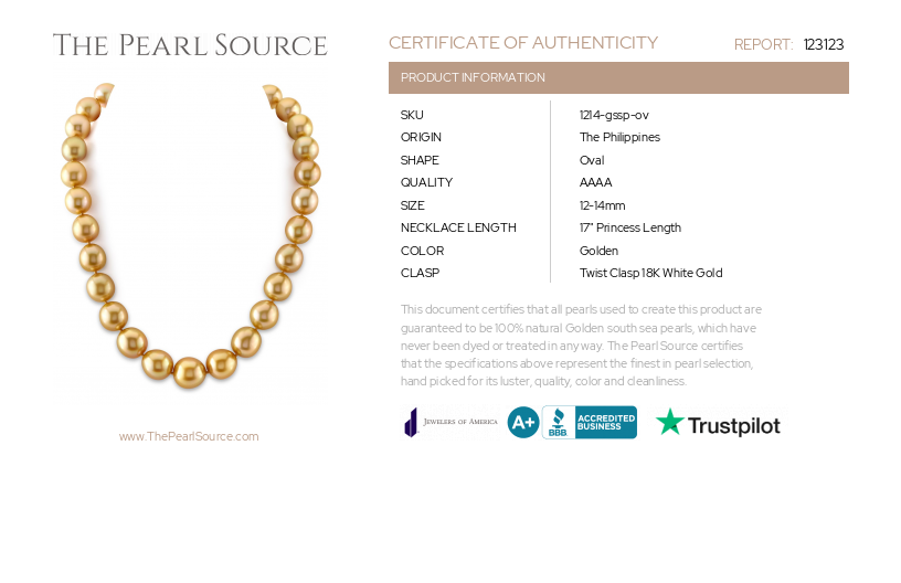 12-14mm Golden South Sea Oval Pearl Necklace - AAAA-Certificate