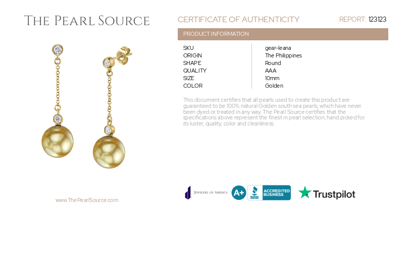 Golden South Sea Pearl & Diamond Leana Earrings-Certificate