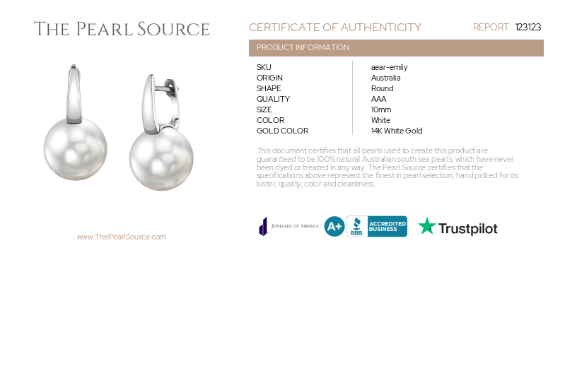 White South Sea Pearl Huggie Emily Earrings-Certificate