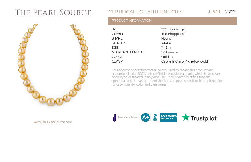 11-13mm Golden South Sea Pearl Necklace - GIA Certified-Certificate