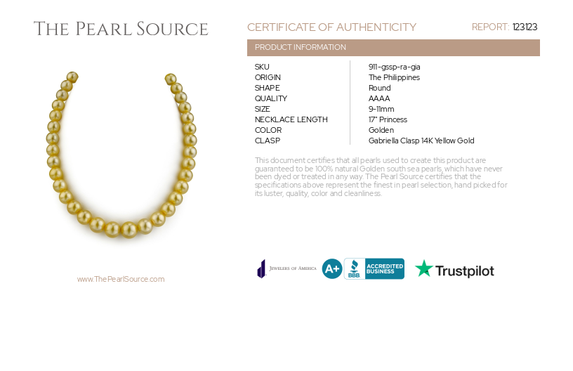 9-11mm Golden South Sea Pearl Necklace - GIA Certified-Certificate