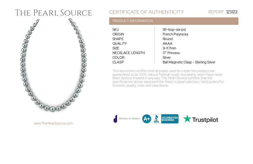 9-11.7mm Silver Tahitian South Sea Pearl Necklace - PSL Certified-Certificate