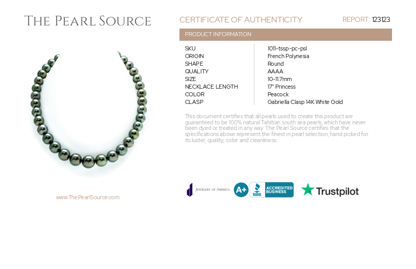 10-11.7mm Peacock Round Tahitian South Sea Pearl Necklace - Top Quality PSL Certified-Certificate