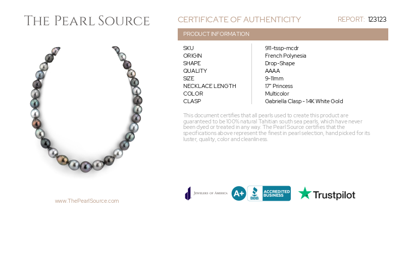 9-11mm Tahitian South Sea Multicolor Drop-Shape Pearl Necklace - AAAA Quality-Certificate