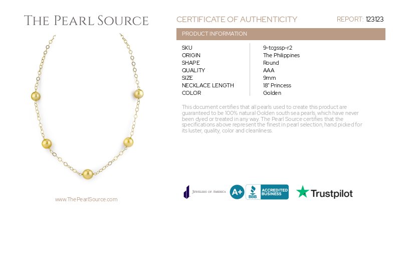 Golden South Sea Round Pearl Tincup Necklace-Certificate