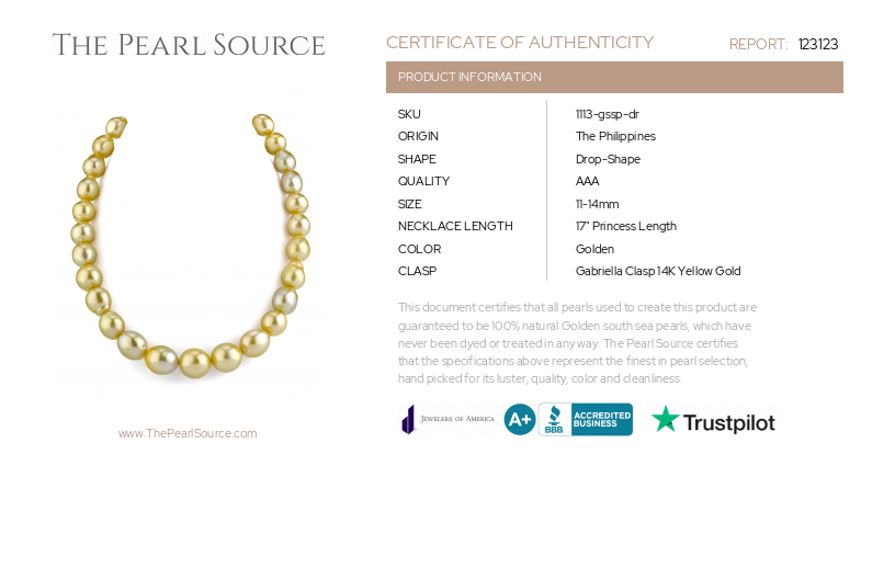 11-14mm Drop-Shape Golden South Sea Pearl Necklace - AAA Quality-Certificate